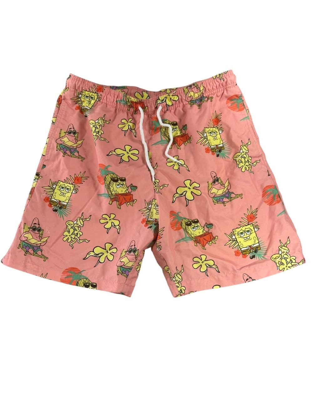 Men's SPONGEBOB Swim Shorts with Cartoon Print, Elastic Waistband - SIZE Med